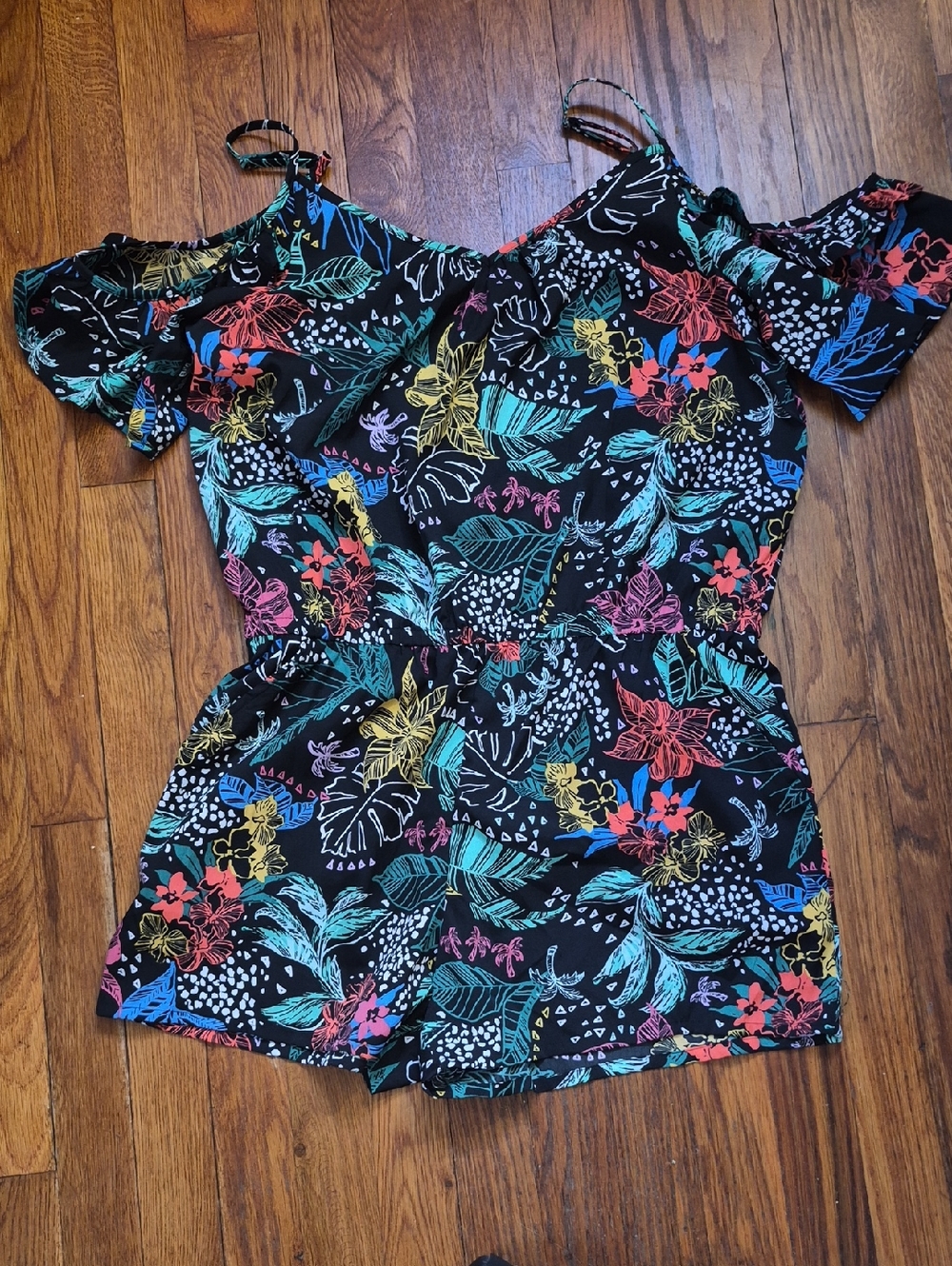 Black Tropical Floral Cold-Shoulder Romper
